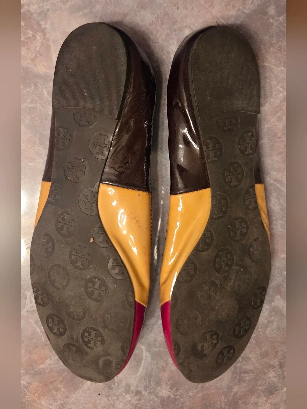 Tory Burch Red, Yellow And Brown Patent Leather Ballet Flats